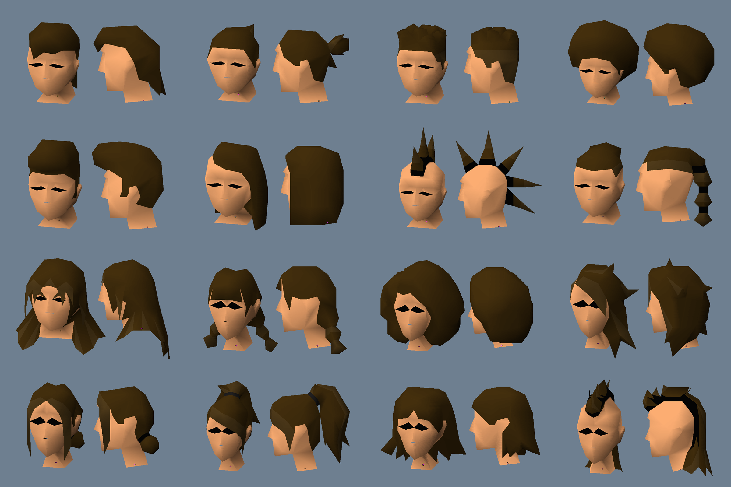 The 16 new hairstyles created. All are unisex.