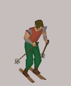 A player running while holding skis.