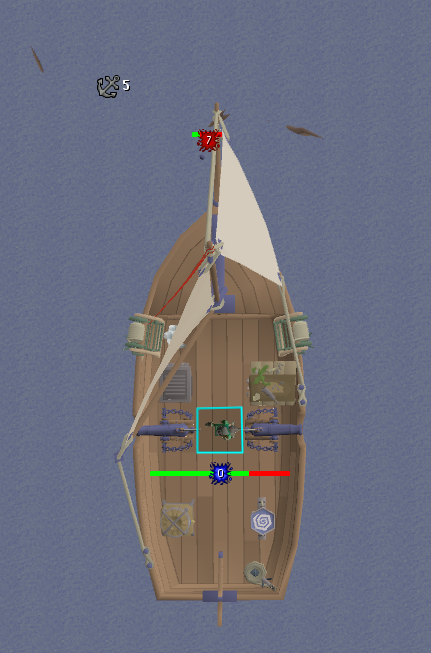 A hammerhead shark positioned on the bow of a Sloop being fired upon by both cannons
