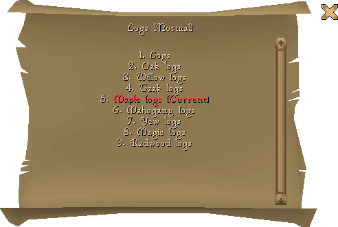 Transmutation table shown when maple logs are used on the ledger.