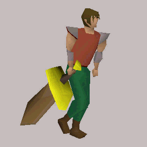 A player walks while holding the giant bronze dagger.