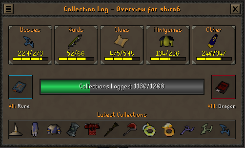 The new collection log overview in-game.