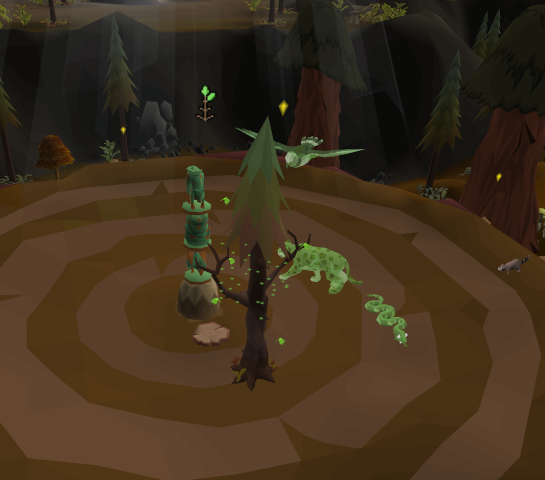 An Ent accepting the offering on a Vale Totem as part of the minigame. Several sprits, a snake, eagle, and jaguar, can be seen nearby.